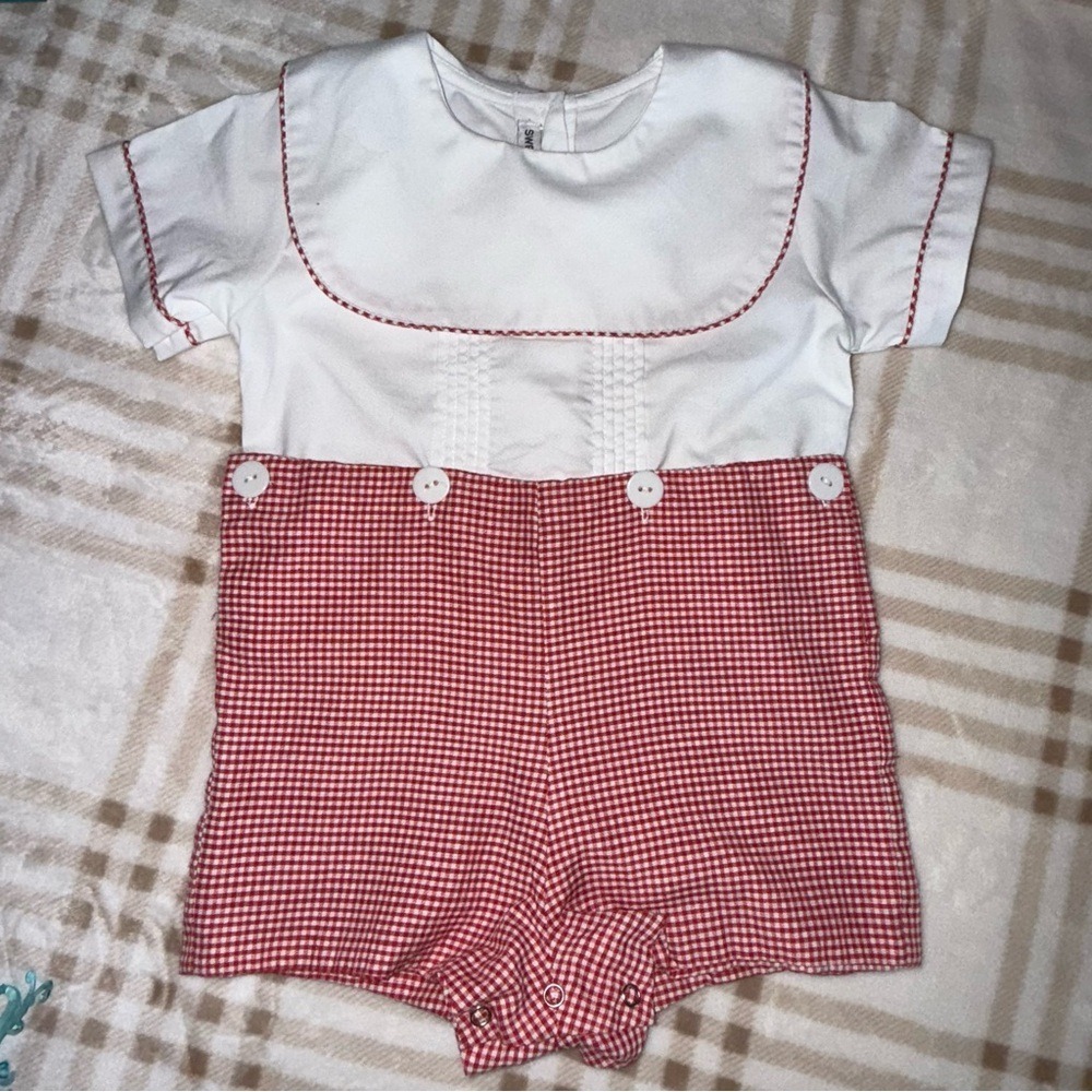 Sweet Dreams Toddler Boys Red Gingham Bobby Suit Peter Pan Collar Romper 2T